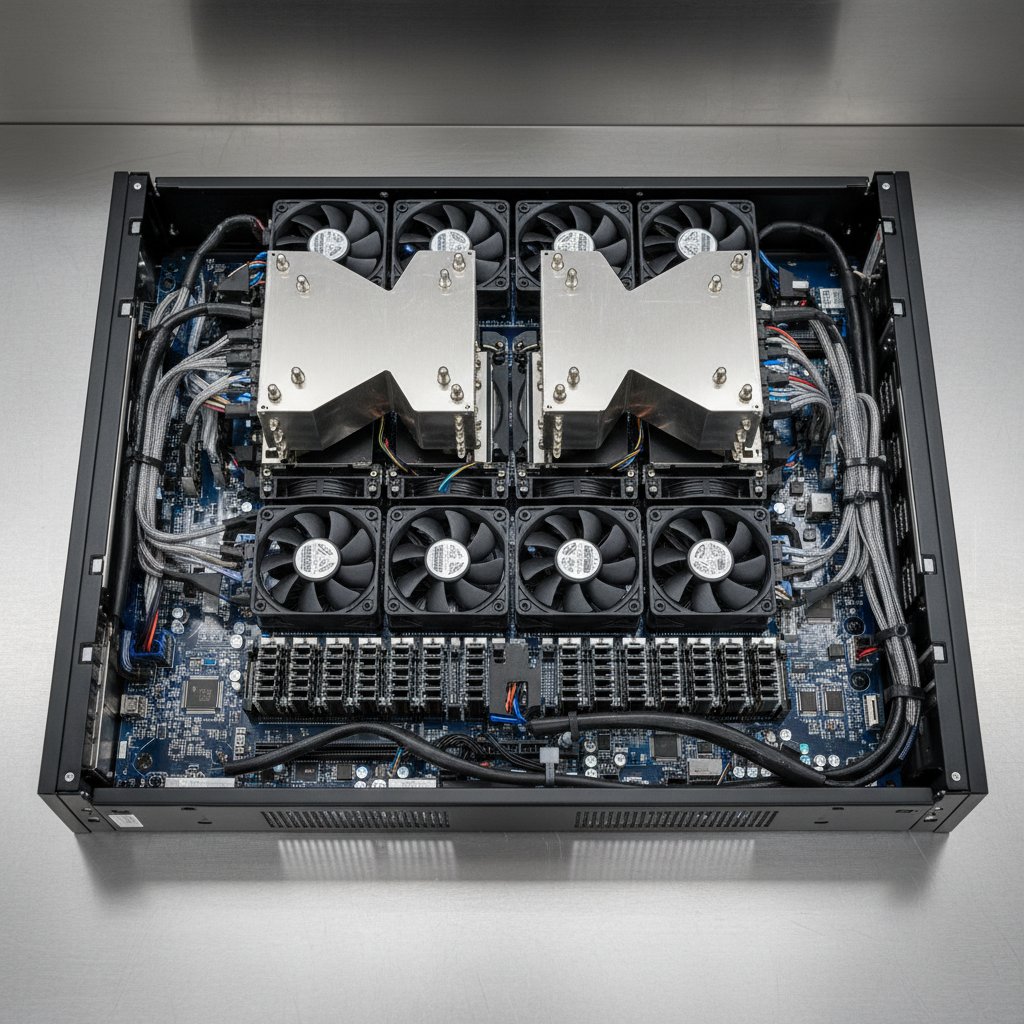 Supermicro server chassis open showing motherboard, heatsinks and fans