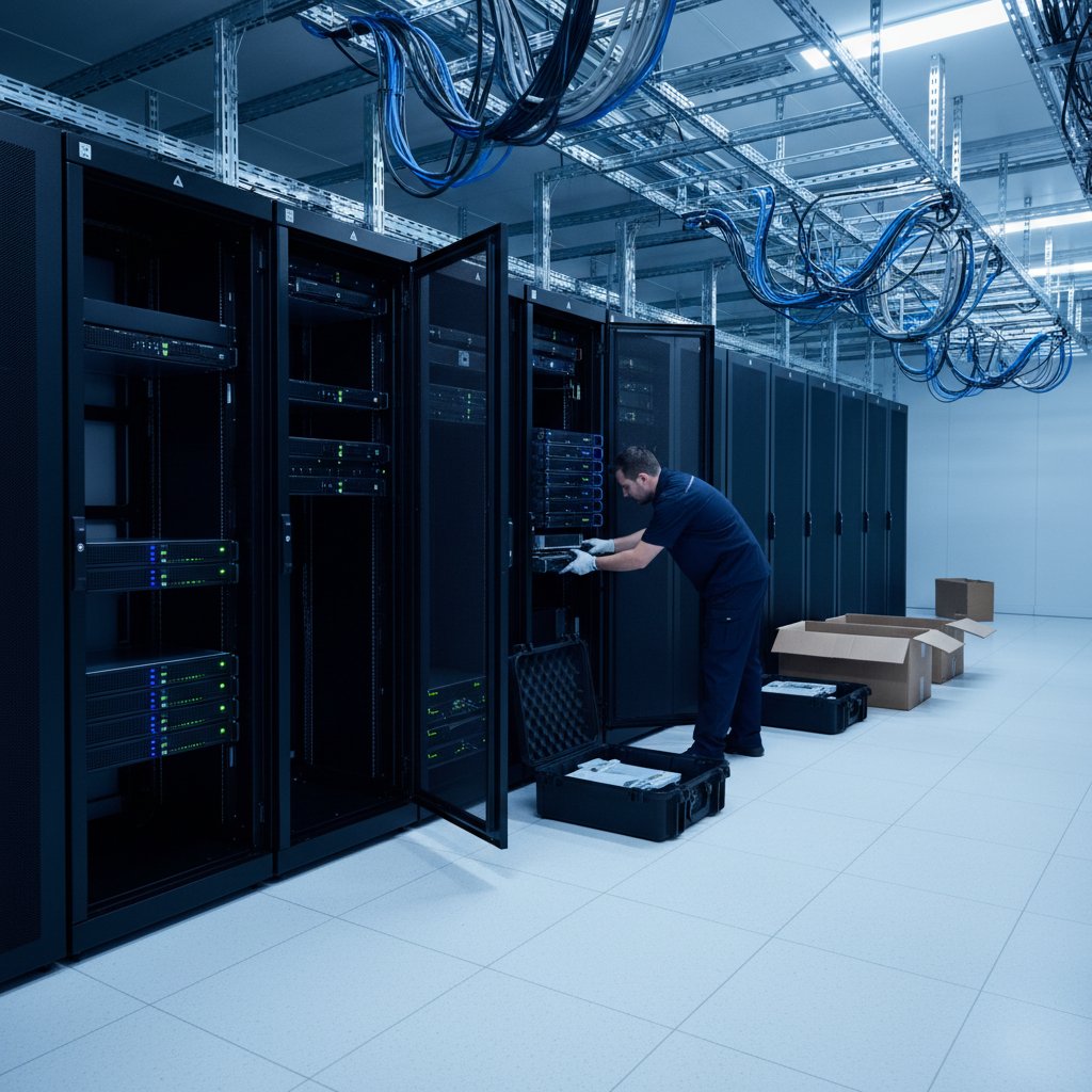 Data centre installation: engineers deploying server racks in a white space