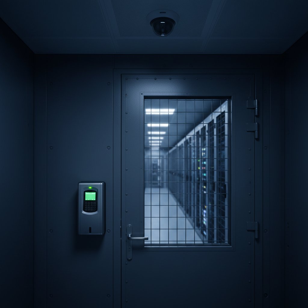 Data centre security: biometric access control reader at a secure server hall door