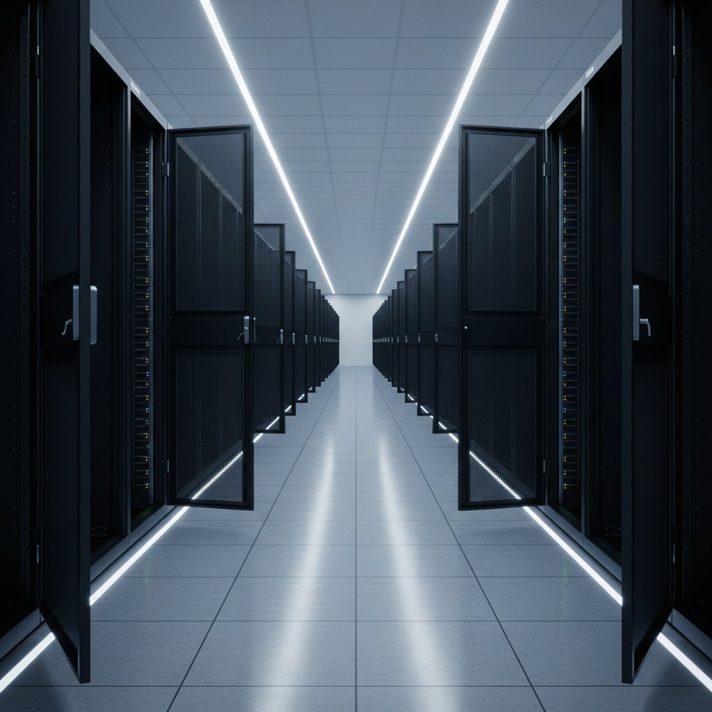 Server rack installation: empty black server cabinets being levelled and aligned